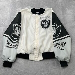 Chalk Line Raiders Satin Bomber Jacket Size XL White Mens Vintage 90s NFL AOP